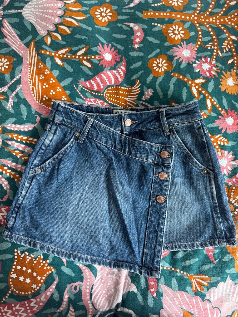 Free People Blue Denim Mini Skirt with Button Wrap